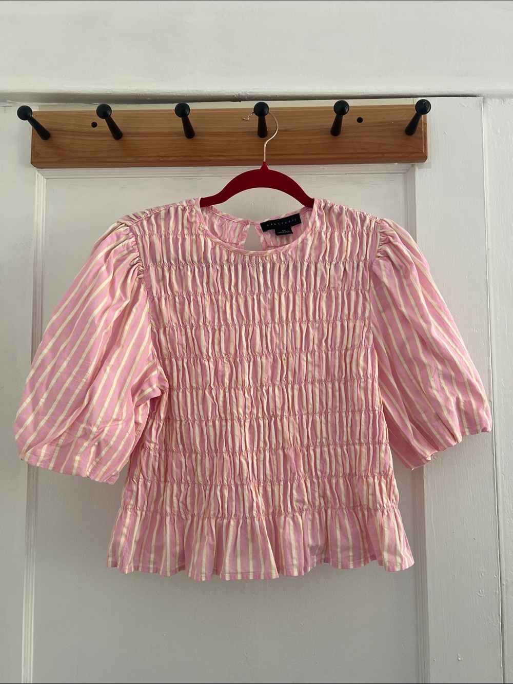 Sanctuary "Together Again" Pink Striped Smocked Puff-Sleeve Top